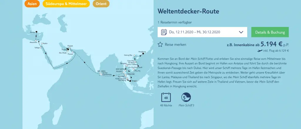 TUI Cruises Mein Schiff Weltreise 2020: Route