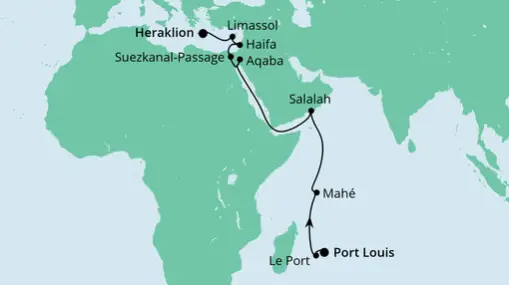 AIDAblu Route: Von Mauritius nach Kreta