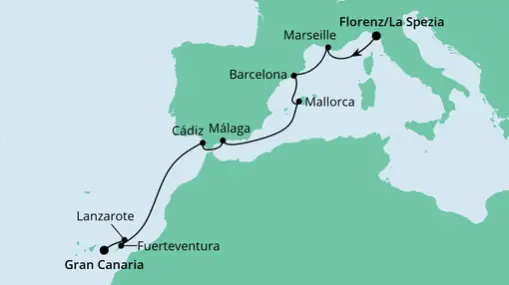 AIDAnova Route: Von La Spezia nach Gran Canaria