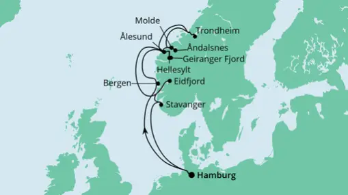 AIDAsol Route: Norwegens Fjorde mit Geirangerfjord