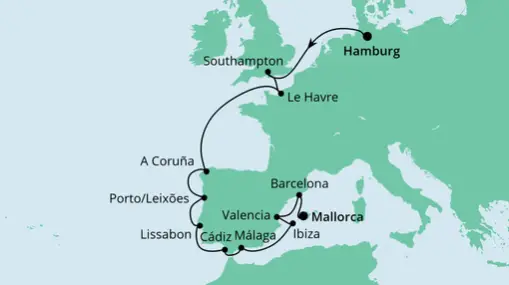 AIDAsol Route: Von Hamburg nach Mallorca 2