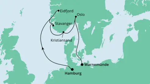 AIDA Nordsee-Kreuzfahrt 2023: Norwegens Küste von Hamburg nach Warnemünde