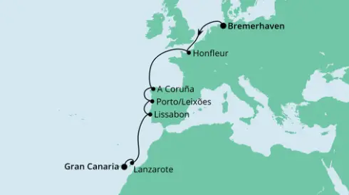 AIDAaura Route 2022: Bremerhaven nach Gran Canaria