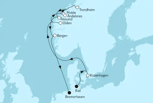Mein Schiff Nordsee-Kreuzfahrt 2022: Norwegen mit Trondheim