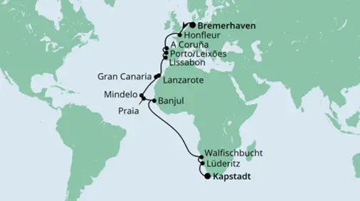 AIDAaura Route 2022: Von Bremerhaven nach Kapstadt