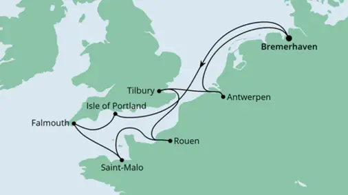 AIDAaura Route 2023: Frankreich, Belgien & Großbritannien