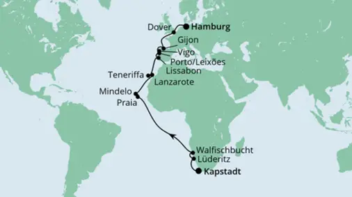 AIDAaura Route 2023: Von Südafrika nach Hamburg