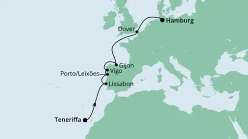 AIDAaura Route 2023: Von Teneriffa nach Hamburg
