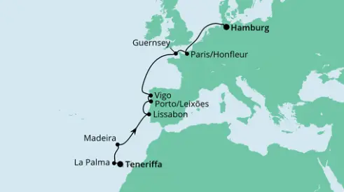 AIDAaura Route 2024: Von Teneriffa nach Hamburg