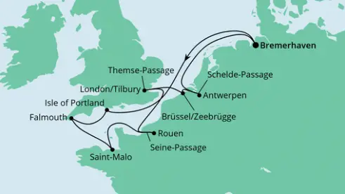 AIDAaura Route 2024: Westeuropas Flüsse ab Bremerhaven
