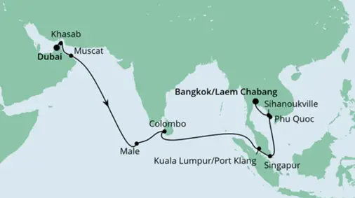 AIDAbella Route 2022: Von Dubai nach Bangkok