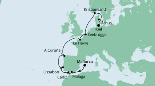 AIDAbella Route 2022: Von Mallorca nach Kiel