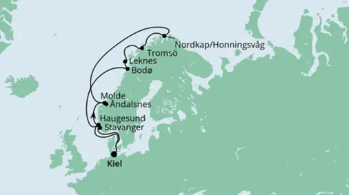 AIDAbella Route 2022: Norwegen mit Lofoten und Nordkap
