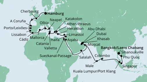 AIDAbella Route 2022: Weltenbummler von Hamburg nach Bangkok