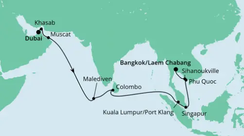 AIDAbella Route 2023: Von Dubai nach Bangkok