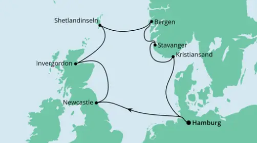 AIDAbella Route 2023: Großbritannien & Norwegens ab Hamburg