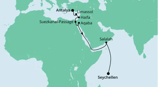 AIDAblu Route 2023: Von Antalya zu den Seychellen