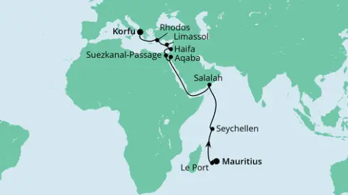 AIDAblu Route 2024: Von Mauritius nach Korfu