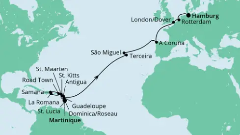 AIDAdiva Route 2024: Martinique nach Hamburg