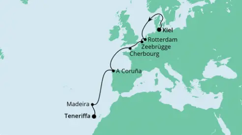 AIDAnova Route 2022: Von Kiel nach Teneriffa