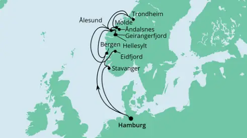 AIDAperla Route 2024: Norwegens Fjorde ab Hamburg