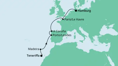 AIDAperla Route 2024: Von Teneriffa nach Hamburg