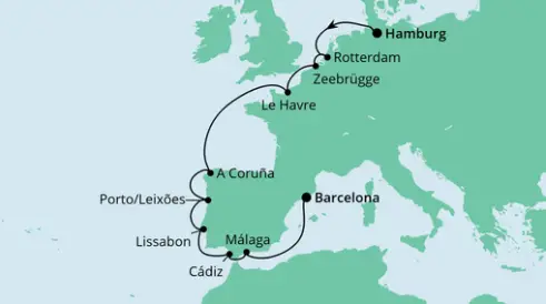 AIDAprima Route 2022: Hamburg nach Barcelona