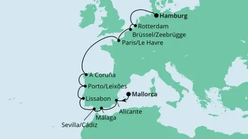 AIDAprima Route 2024: Mallorca nach Hamburg