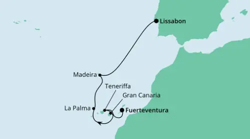 AIDAsol Route 2023: Fuerteventura nach Lissabon