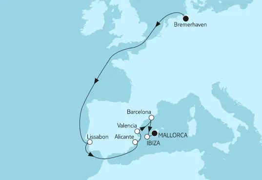 Mein Schiff 1 Route 2022: Bremerhaven bis Mallorca