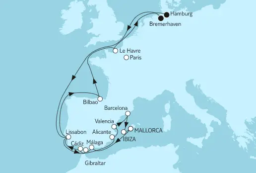 Mein Schiff 1 Route 2022: Westeuropa mit Barcelona