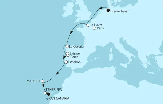 Mein Schiff 1 Route 2023: Bremerhaven bis Gran Canaria
