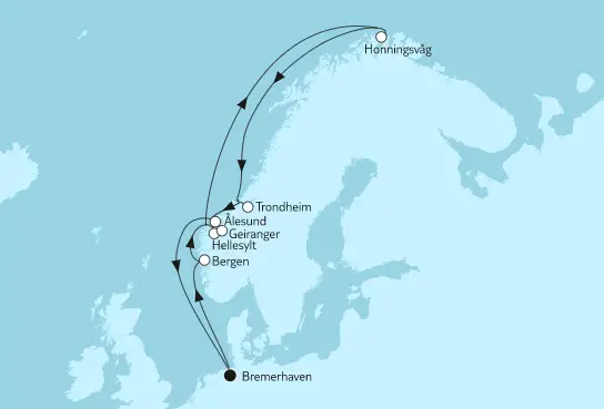 Mein Schiff 1 Route 2023: Norwegen mit Nordkap & Geirangerfjord