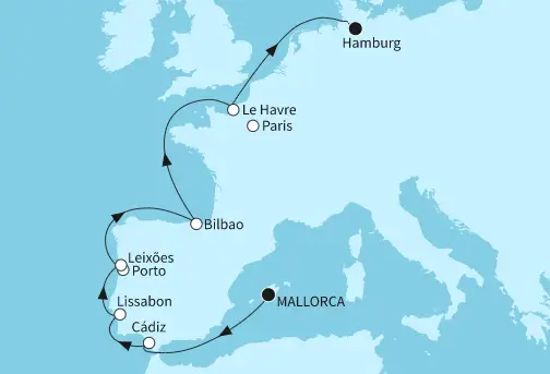 Mein Schiff 1 Route 2024: Mallorca bis Hamburg