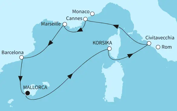 Mein Schiff 1 Route 2024: Westliches Mittelmeer mit Marseille