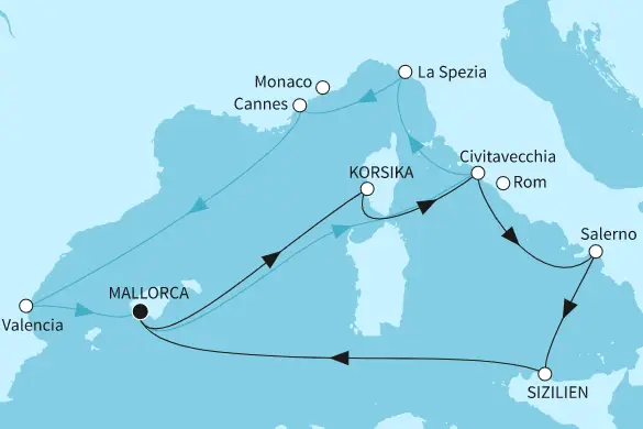 Mein Schiff 2 Route 2024: Westliches Mittelmeer mit Palermo & Valencia