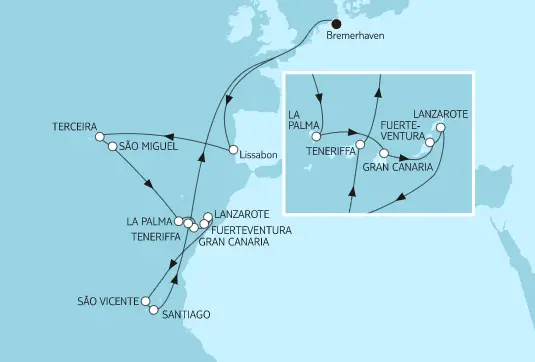 Mein Schiff 3 Route 2023: Azoren mit Bremerhaven