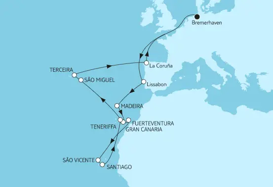 Mein Schiff 3 Route 2024: Azoren ab Bremerhaven
