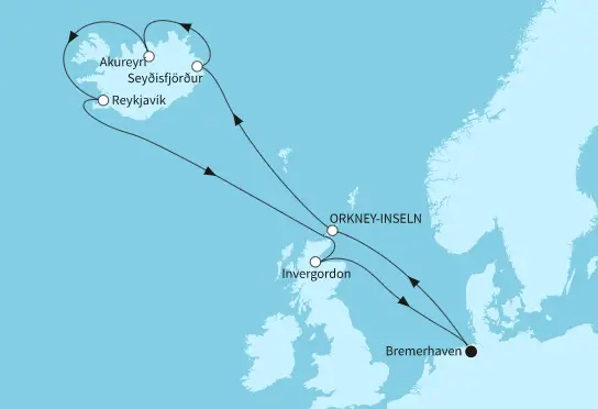 Mein Schiff 3 Route 2024: Island mit Orkney-Inseln