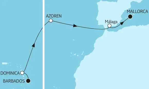Mein Schiff 4 Route 2024: Barbados bis Mallorca