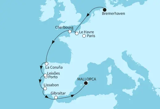 Mein Schiff 4 Route 2024: Bremerhaven bis Mallorca