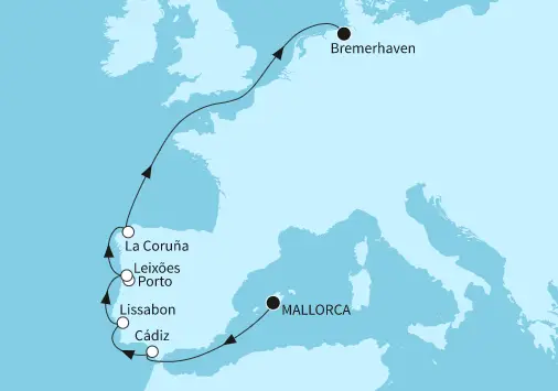 Mein Schiff 4 Route 2024: Mallorca bis Bremerhaven
