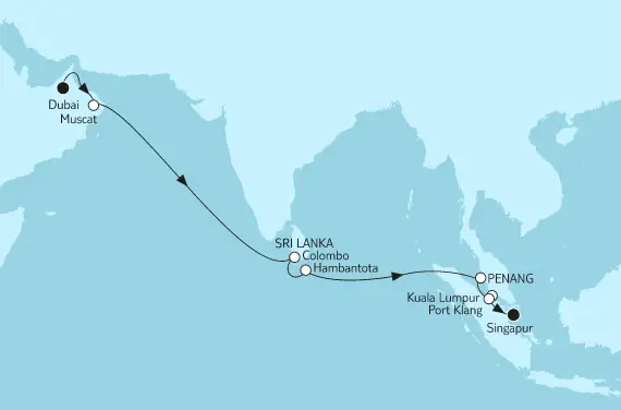 Mein Schiff 5 Route 2022: Dubai bis Singapur