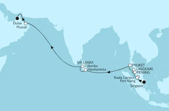 Mein Schiff 5 Route 2023: Singapur bis Dubai