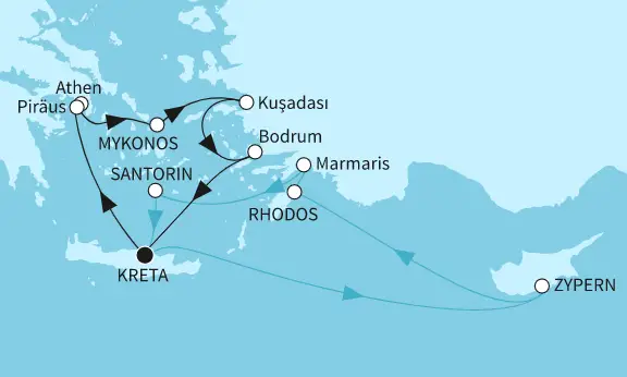 Mein Schiff 5 Route 2024: Östliches Mittelmeer mit Piräus & Rhodos