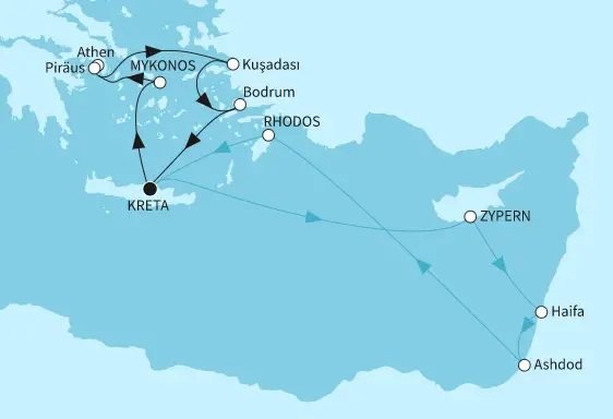 Mein Schiff 5 Route 2024: Östliches Mittelmeer mit Piräus und Zypern