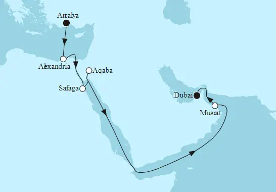 Mein Schiff 6 Route 2022: Östliches Mittelmeer bis Dubai